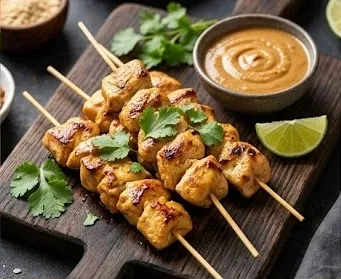 Brochettes de Poulet Satay avec Sauce aux Cacahuètes