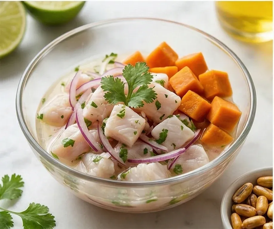 Ceviche de Poisson Blanc à la Patate Douce et Maïs Grillé