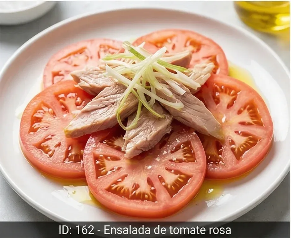 Salade de tomates roses avec ventrèche de thon et cébette