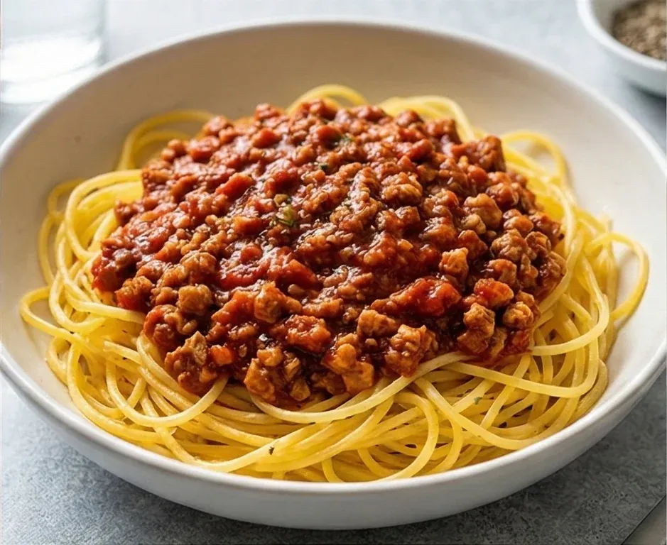 Spaghettis de Courge et Sauce Bolognaise de Soja Texturé