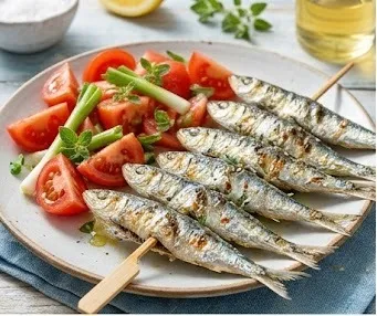 Brochettes de Sardines avec Salade de Tomate et Origan