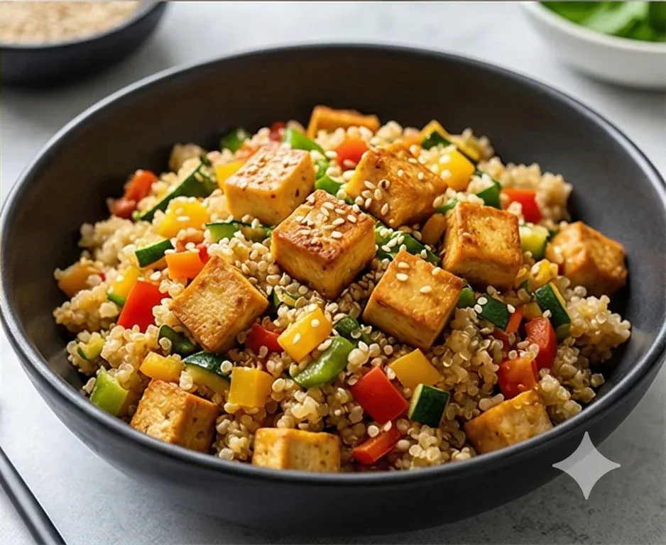 Quinoa Sauté aux Légumes Variés et Dés de Tofu