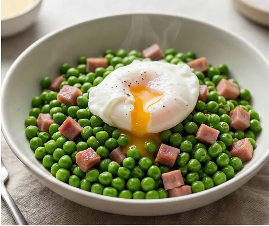 Poêlée de Petits Pois aux Dés de Jambon et Œuf Poché