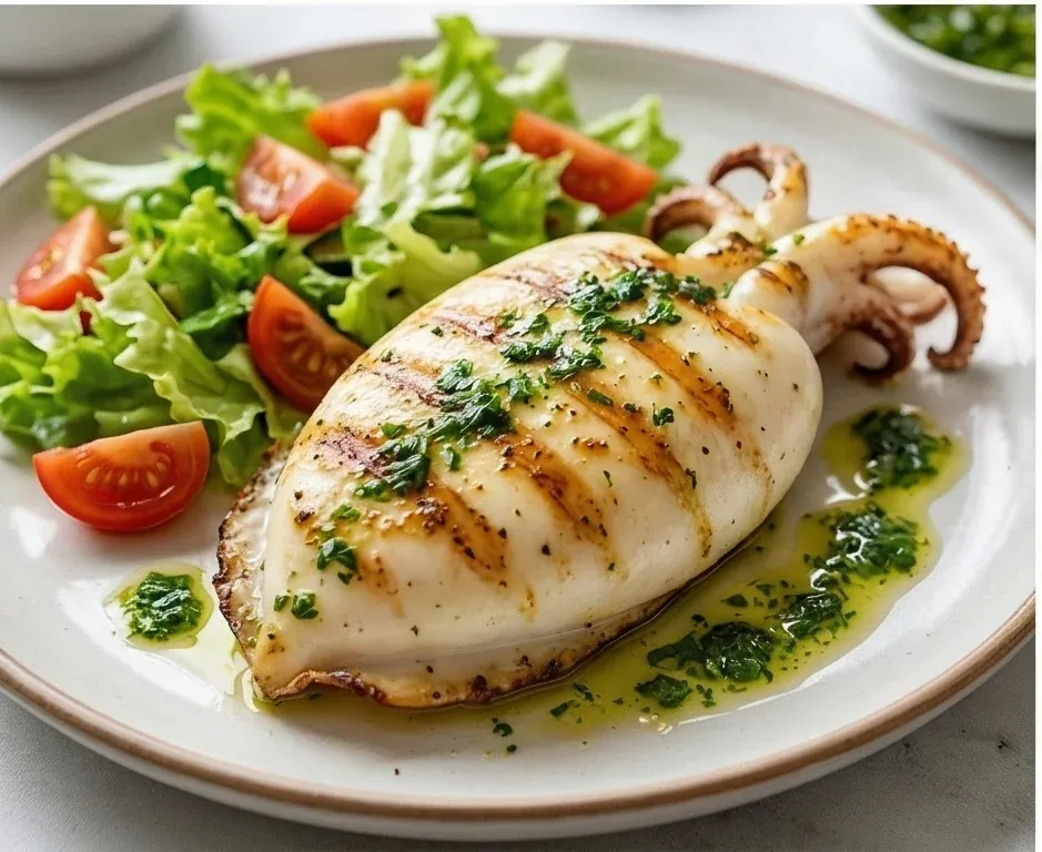 Seiche à la plancha à l'ail, persil et salade mixte