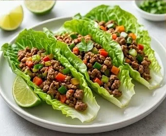 Tacos de feuilles de laitue romaine au haché de bœuf maigre