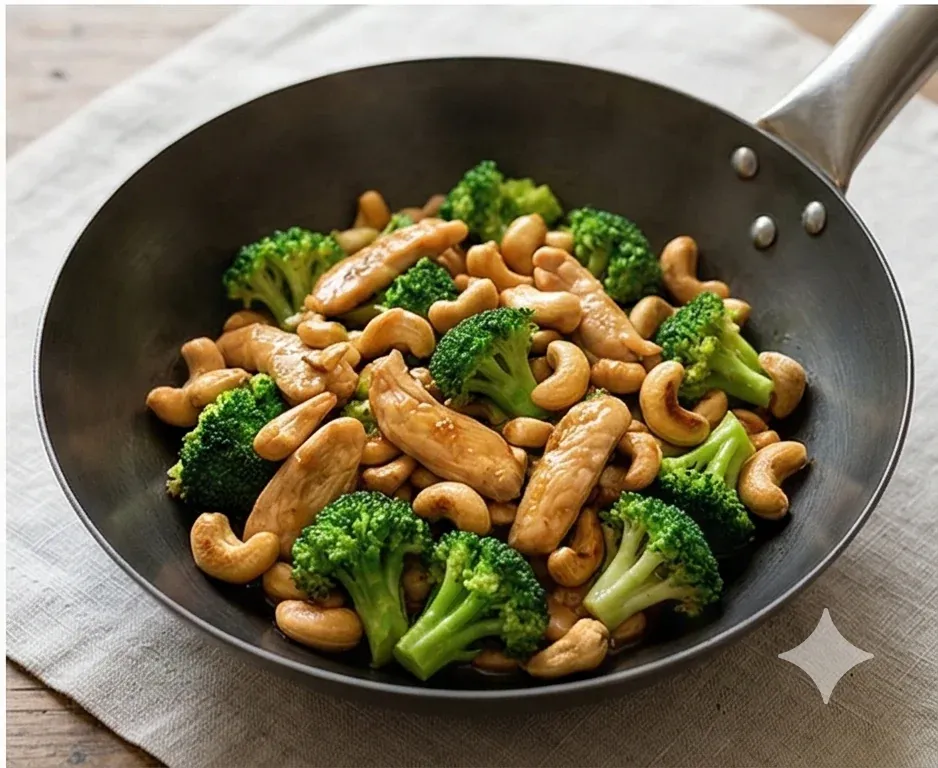 Wok de poulet au brocoli et noix de cajou grillées